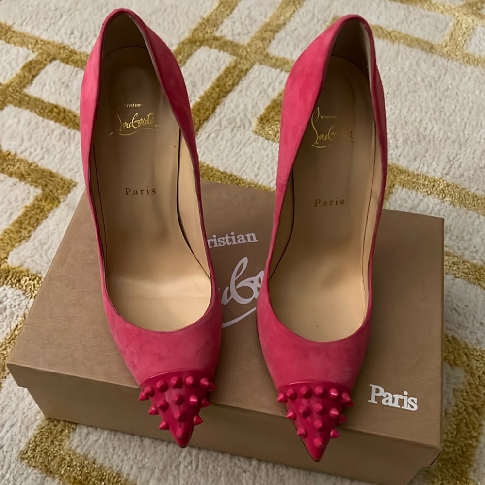 Christian louboutin pink suede spike toe pumps used (comes with box)